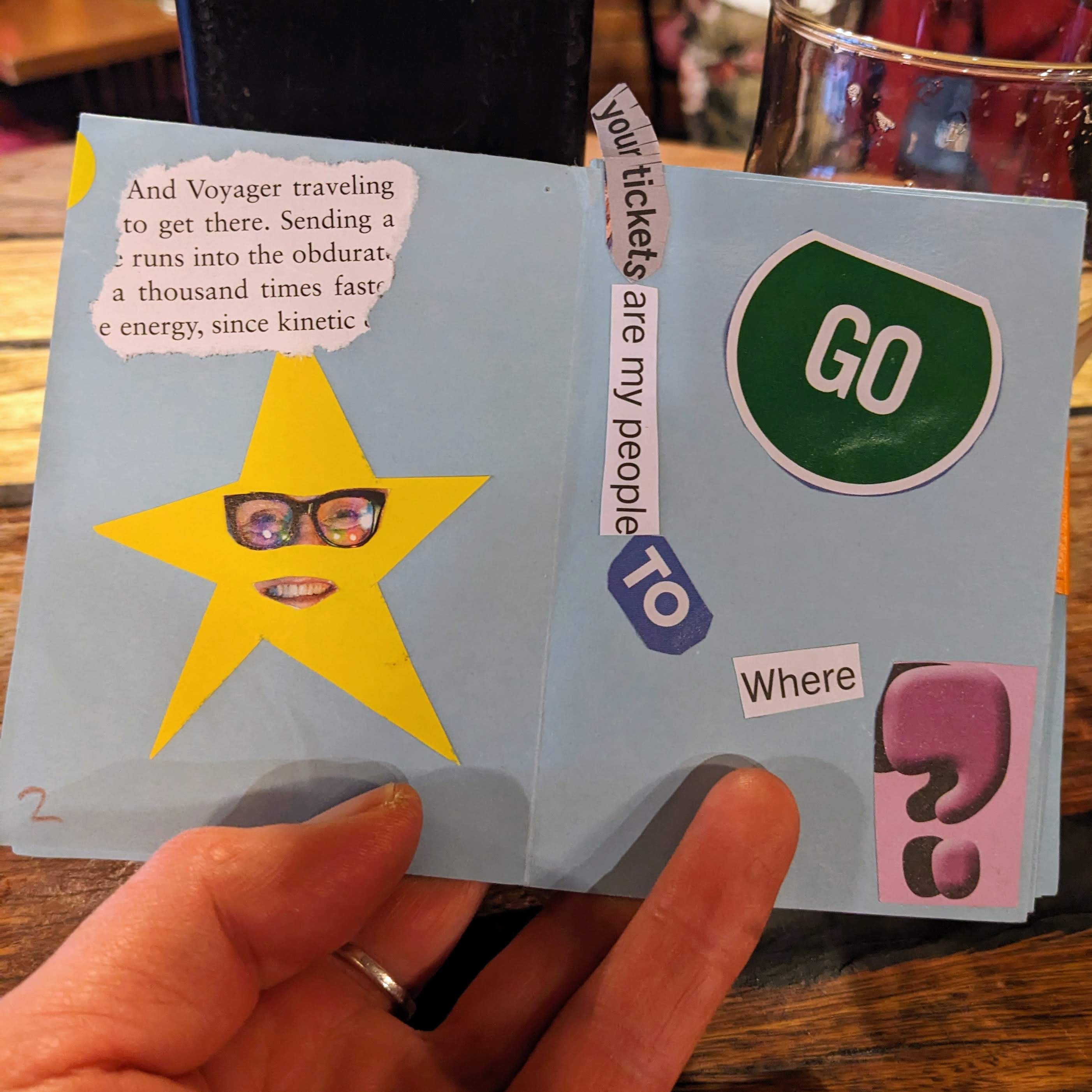 Pages 2-3 of Jackson's zine INflight made at Dunedin Writers and Readers Festival 2025, showing a star person, a green 'GO' and various cut-up text