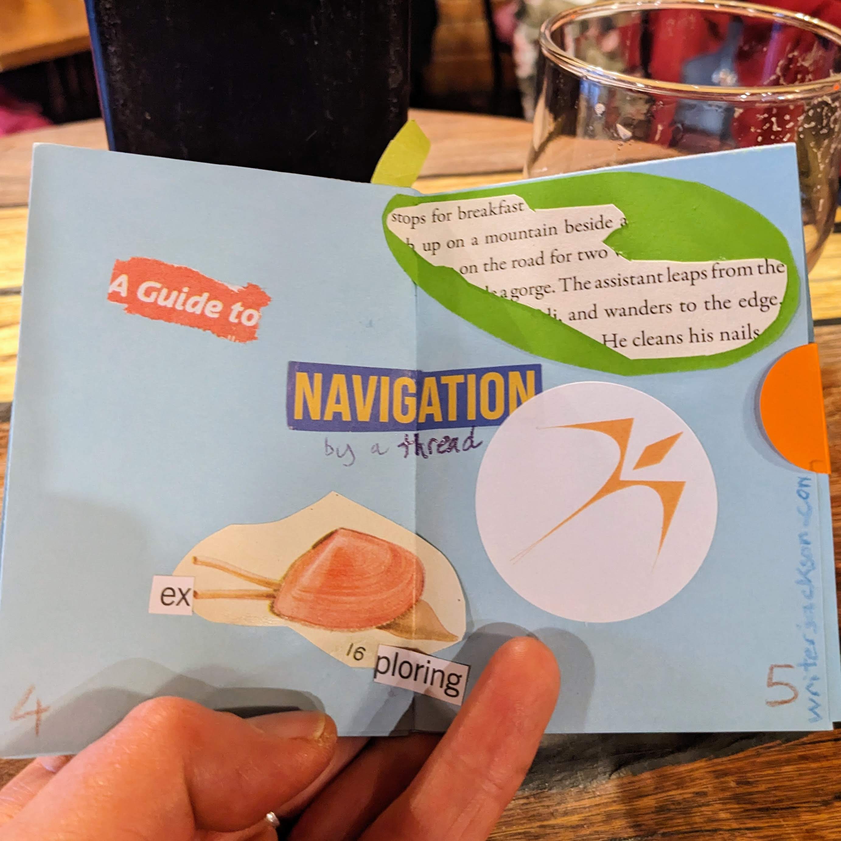 Pages 4-5 of Jackson's zine INflight made at Dunedin Writers and Readers Festival 2025, showing an exploring snail, a stylised flying bird, and various cut-up and written text. 'A Guide to NAVIGATION by a thread'