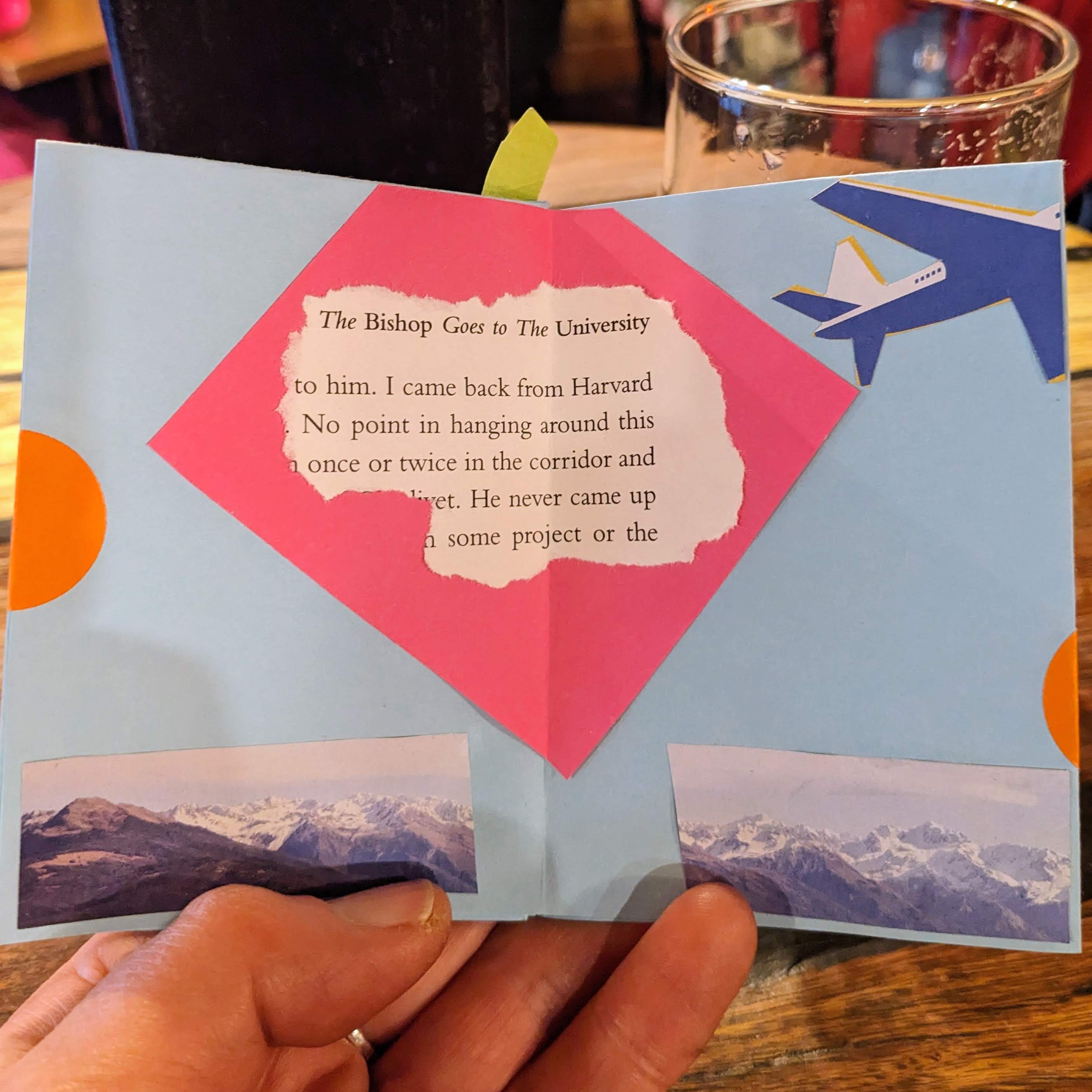 Pages 6-7 of Jackson's zine INflight made at Dunedin Writers and Readers Festival 2025, showing a plane above a mountain range and some torn-out text