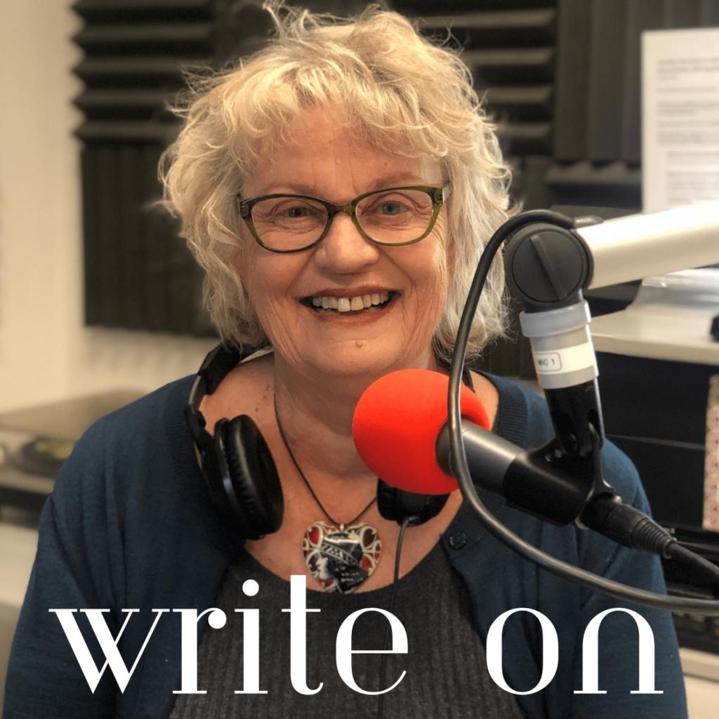 Writer Beverly Martens with 'Write on' podcast logo